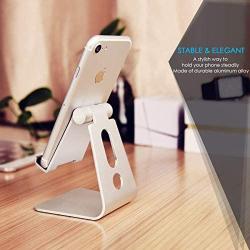 Emoly Adjustable Cell Phone Stand, 2020 Aluminum Desktop Cellphone Stand with Anti-Slip Base and Convenient Charging Port, Fits All Smart Phones (Silver)