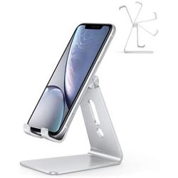 Adjustable Cell Phone Stand, OMOTON Aluminum Desktop Cellphone Stand with Anti-Slip Base and Convenient Charging Port, Fits All Smart Phones, Silver