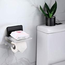 Smarthome Toilet Paper Holder with Shelf – Silver Anti-Rust Aluminum Tissue Roll Holder with Phone Shelf for Modern Bathroom, 3M Self Adhesive No Drilling or Wall-Mounted with Screws