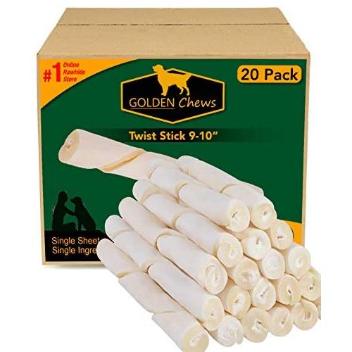 Golden Chews Natural Roll Twist Sticks 9-10 Inches Dog Treat. Extra Thick, Single Sheet. (20 Pack)