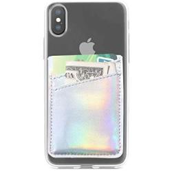 Oddss 2 Pack Cell Phone Card Holder Sticker on Back of Phone Holographic Iridescent Silver PU Leather Wallet Pocket Pouch Sleeves Cover Compatible for iPhone,Samsung Galaxy,Android Smartphones