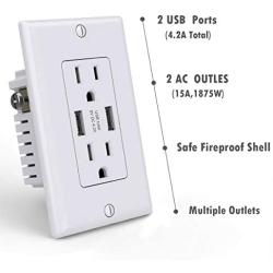 NUOZHI USB Outlet,15A Duplex Receptacle with Dual USB ports (5V/4.2A), Compatible with iPhone XS/MAX/XR/X/8, Samsung Galaxy S9/S8/S7, LG, HTC & other Smartphones, ETL Listed, White 6 Pack