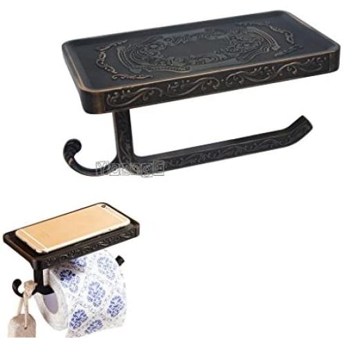 YOUNGE Antique Carving Toilet Paper Holder,Bathroom Paper Tissue Holder with Mobile Phone Storage Shelf (Black)