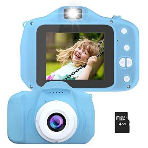 Kids Camera, Rechargeable Cute Kids Digital Video Camera Gifts, Mini Child Camcorder for Boys Girls with Shockproof Dual Lens 1080P 100-Degree Wide Angle, 4GB TF Card and Games