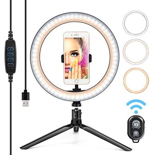 10” Ring Light LED Desktop Selfie Ring Light USB LED Desk Camera Ringlight 3 Colors Light with Tripod Stand iPhone Cell Phone Holder and Remote Control for Photography Makeup Live Streaming