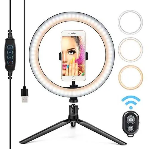 10” Ring Light LED Desktop Selfie Ring Light USB LED Desk Camera Ringlight 3 Colors Light with Tripod Stand iPhone Cell Phone Holder and Remote Control for Photography Makeup Live Streaming 10” Ring Light LED Desktop Selfie Ring Light USB LED Desk Camera Ringlight 3 Colors Light with Tripod Stand iPhone Cell Phone Holder and Remote Control for Photography Makeup Live Streaming