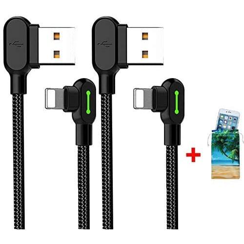 (2 Pack + iPhone Bag) USB 90 Degree Right Angle Design Gaming iPhone LED Nylon Braided Sync Charge New USB Reversible Data 6FT/1.8M Cable Compatible iPhone/iPad Pro/Air,iPad Mini,iPod (6FT Black)