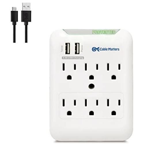 Cable Matters 6 Outlet Wall Mount Surge Protector with USB Charging in White (Updated Version with Dimmed LED Light)