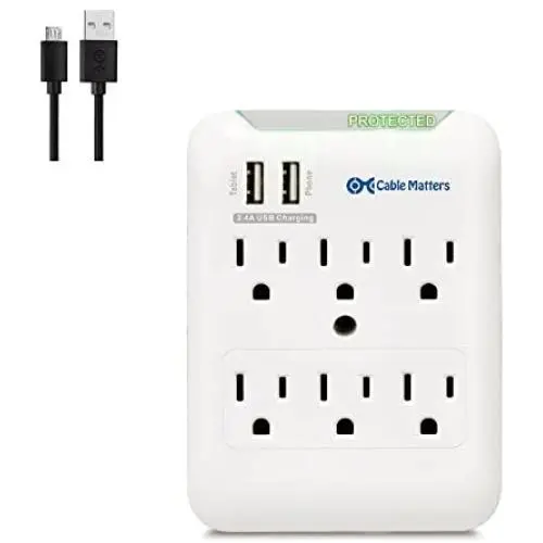 Cable Matters 6 Outlet Wall Mount Surge Protector with USB Charging in White (Updated Version with Dimmed LED Light)