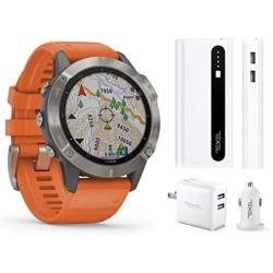 Garmin Fenix 6 Sapphire Titanium with Orange Band, Premium Multisport GPS Watch (010-02158-13) and Texel 10,000mAh Portable Battery Pack, Wall and Car Charger Bundle