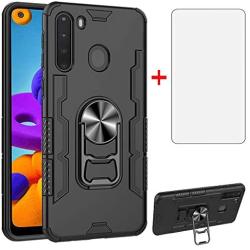 Phone Case for Samsung Galaxy A21 with Tempered Glass Screen Protector Cover and Magnetic Stand Ring Holder Slim Hybrid Hard Cell Accessories Glaxay A 21 21A A21Case GalaxyA21 A215 2020 Cases Black