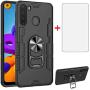 Phone Case for Samsung Galaxy A21 with Tempered Glass Screen Protector Cover and Magnetic Stand Ring Holder Slim Hybrid Hard Cell Accessories Glaxay A 21 21A A21Case GalaxyA21 A215 2020 Cases Black