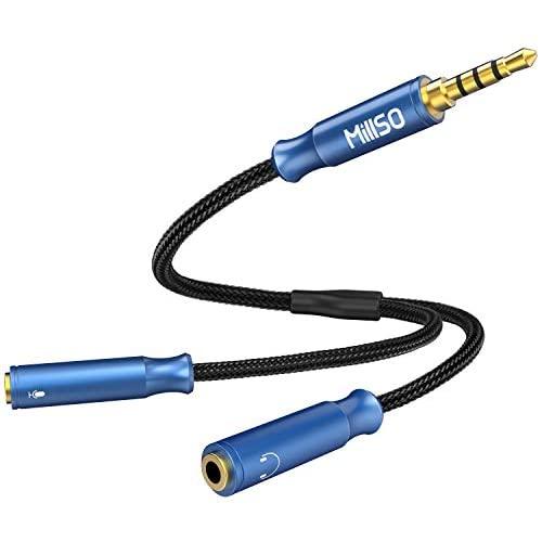 MillSO Headset Splitter Adapter Nylon Braided 4 Pole TRRS Male to 2 Female Headphone Splitter Mic and Audio Y Cable for Gaming Headset to PS4/Xbox One/Smartphone/PC [Seablue Young Series] - 1 FT