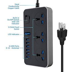 Universal Power Strips 3 Way Outlets 6 USB Plug Ports Surge Protection Power Socket Switch Portable Charger with 2M Wall Plug Adapter Extension Cord with Fuse and Shutter Extension Lead