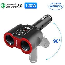 Rocketek Car Charger Adapter, 2 Sockets Cigarette Lighter Splitter with 3 USB Port Fast QC 3.0 Car Adapter 12/24V 120W DC Outlet for iPhone, iPad, Samsung, Google Pixel, Nexus, GPS, Dash Cam