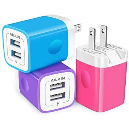 3Pack AILKIN Fold Wall Charger, USB Charging Plug, AC Adapter Cube Fast Charging Block Box for iPhone SE/11Pro Max/XS/XR/10/8/7/6S/6S Plus, Samsung Galaxy Edge, LG, HTC, One Plus, Moto, Kindle