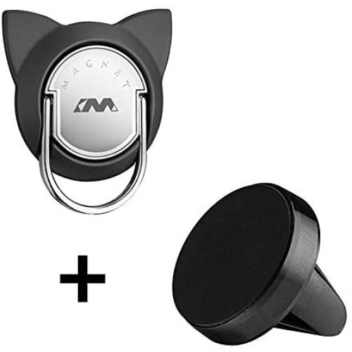 Cat Ring Phone Holder with Magnetic Car Mount Magnet, Cute Phone Finger Kickstand Ring for Car Air Vent Mount, 360 Rotation Phone Grip Stand Compatible for iPhone Xs Max/XR/XS (1 Set,Black)