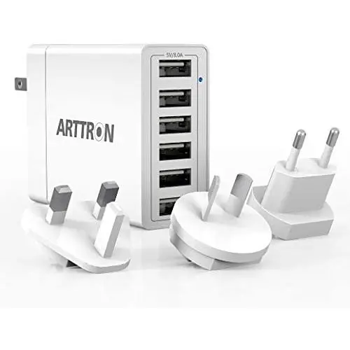 USB Wall Charger, Arttron 40W 6-Port USB Fast Charger, Universal Travel Adapter, for iPhone 11/XS Max/XR/X/8/7/6 Plus, iPad Pro/Mini, Samsung Galaxy/Note/Edge, LG, Nexus, HTC, Google Pixel and More.