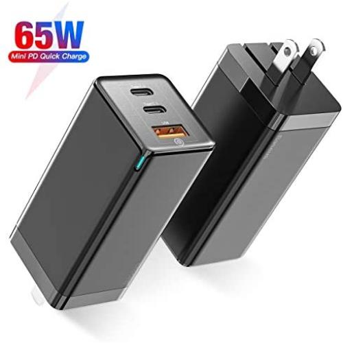 USB C Charger, Baseus 65W 3 Port PD 3.0 [GaN Tech] Type C Fast Charger Adapter Power Delivery Foldable Adapter, USB Wall Charger for MacBook (Black)