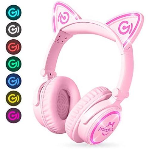 MindKoo Bluetooth Headphones, Over-Ear Wireless Headphones, Cat Ear Headphones with LED Light, Foldable, Built-in Microphone and Volume Control for PC/Cell Phones/Kids/Teen/Boys/Girls/Adults, Pink