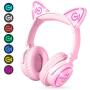 MindKoo Bluetooth Headphones, Over-Ear Wireless Headphones, Cat Ear Headphones with LED Light, Foldable, Built-in Microphone and Volume Control for PC/Cell Phones/Kids/Teen/Boys/Girls/Adults, Pink