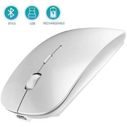 Bluetooth Wireless Mouse, Dual Mode Slim Rechargeable Wireless Mouse Silent Cordless Mouse with Bluetooth 4.0 and 2.4G Wireless, Compatible with Laptop, PC, Windows Mac Android OS Tablet (Silver)