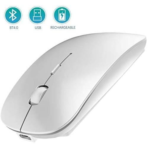 Bluetooth Wireless Mouse, Dual Mode Slim Rechargeable Wireless Mouse Silent Cordless Mouse with Bluetooth 4.0 and 2.4G Wireless, Compatible with Laptop, PC, Windows Mac Android OS Tablet (Silver)