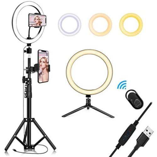 10.2" Selfie Ring Light with Tripod Stand & Cell Phone Holder for Live Stream/Makeup, QI-EU Mini Led Camera Ringlight for YouTube Video/Photography/Tiktok Compatible with iPhone and Android Smartphone