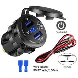 Quick Charge 3.0 Dual USB Car Socket with Touch Switch and LED Digital Voltmeter, Waterproof 36W 12V/24V Fast Charger Socket with 3.3ft Wire 10A Fuse for Marine, Boat, Motorcycle, Truck and More