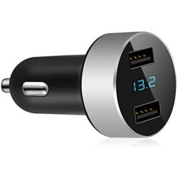 Dual USB Car Charger,4.8A Output,Cigarette Lighter Voltage Meter Compatible for Apple iPhone,iPad,Samsung Galaxy ,LG ,Google Nexus,USB Charging Devices,Silver