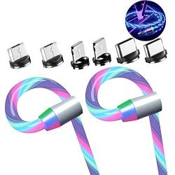 eLUUGIE 2 Packs Magneitc 3 in 1 Charger Cord LED Flowing Magnetic Charger Cable Light Up 3 in 1 USB Cable Compatible with Phone 11 Pro Max/XR/8 Plus/Galaxy Note 10 Plus/Android i-O-S (Colorfull)