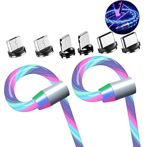 eLUUGIE 2 Packs Magneitc 3 in 1 Charger Cord LED Flowing Magnetic Charger Cable Light Up 3 in 1 USB Cable Compatible with Phone 11 Pro Max/XR/8 Plus/Galaxy Note 10 Plus/Android i-O-S (Colorfull)