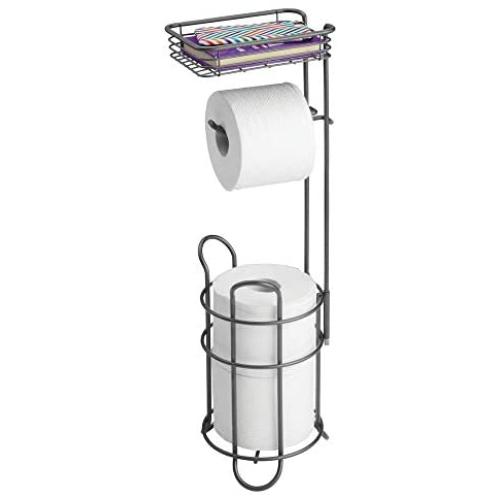 mDesign Freestanding Metal Wire Toilet Paper Roll Holder Stand and Dispenser with Storage Shelf for Cell, Mobile Phone - Bathroom Storage Organization - Holds 3 Mega Rolls - Graphite Gray
