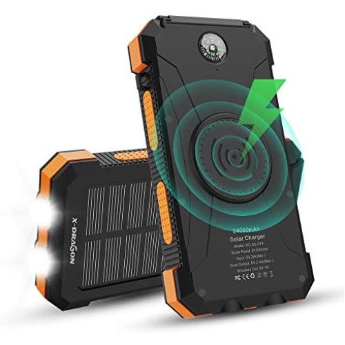 Solar Power Bank, X-DRAGON 24000mAh Qi Wireless Portable Charger External Battery Pack with Dual Input(USB C & MICRO), Dual Flashlight, Compass for iPhone, iPad, Samsung, Cellphones, Outdoors, Camping