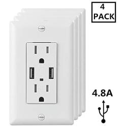 ECOELER 4.8A High Speed Dual USB Wall Outlet, 15A Tamper Resistant Wall Socket USB Outlet,Child Proof Safety,Wall Plate Included, UL Listed Pack of 4