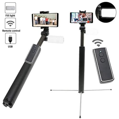 TDRFORCE 63 Inch Super Long Extendable Selfie Stick with Bluetooth Wireless Remote and Tripod with Live Fill Light（16 Lights）