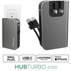 myCharge Portable Charger with Built in Cables & Wall Plug [iPhone + USB C] 6700 mAh 18W Hub Turbo Fast Charge Power Bank Cell Phone External Battery Pack for Apple Lightning & Android for Samsung