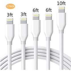 iPhone Charger Cable Sharllen Lightning Cable 5 Pack[3/3/6/6/10FT] Fast Charging Cords Syncing Extra Long USB iPhone Charging Cable Compatible iPhone 11/ XS/Max/XR/X/8/8P/7/7P/6/iPad/iPod White