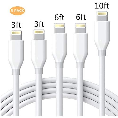 iPhone Charger Cable Sharllen Lightning Cable 5 Pack[3/3/6/6/10FT] Fast Charging Cords Syncing Extra Long USB iPhone Charging Cable Compatible iPhone 11/ XS/Max/XR/X/8/8P/7/7P/6/iPad/iPod White