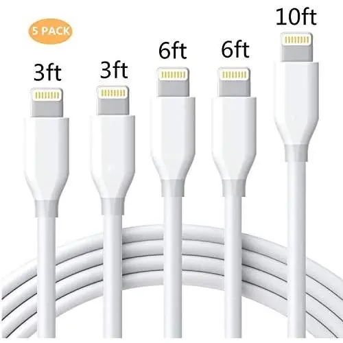iPhone Charger Cable Sharllen Lightning Cable 5 Pack[3/3/6/6/10FT] Fast Charging Cords Syncing Extra Long USB iPhone Charging Cable Compatible iPhone 11/ XS/Max/XR/X/8/8P/7/7P/6/iPad/iPod White