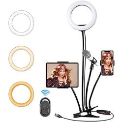 Hotches 8 LED Selfie Ring Light with Phone Holder & Tablet Holder & Microphone Holder Stand, 3 Lighting Modes and 10 Brightness Level for Makeup & YouTube Video & Live Stream
