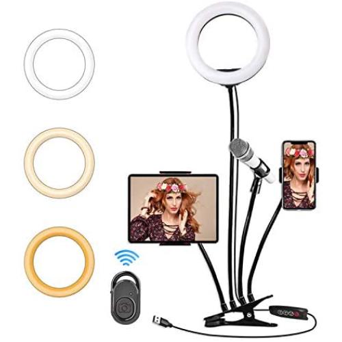 Hotches 8 LED Selfie Ring Light with Phone Holder & Tablet Holder & Microphone Holder Stand, 3 Lighting Modes and 10 Brightness Level for Makeup & YouTube Video & Live Stream