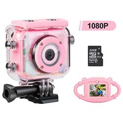 Kids Camera for Girls, Underwater Camera for Kids 3-13 Years Old - Rechargeable Camera for Kids Girls with 32GB TF Card and Anti-Fall Silicone Case (Pink)