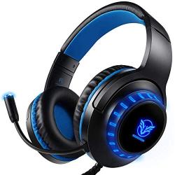 Pacrate Gaming Headset for PS4 PC Xbox One Headset with Microphone Noice Cancelling Stereo Surround Sound Headphone with LED Light Intense Bass for PC Laptop Mac (Black Blue)