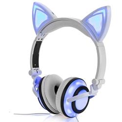 Stereo Kids Headphones,LIMSON Cat Headphones Foldable Size Adjustable Earphones with Flashing LED Lights for Kids Teens Adults, Compatible for iPad Tablet PC Computer Mobile Phone MP3 (White)