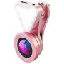 AMIR Cell Phone Lens with Beauty LED Flash Light, 15X Macro Lens, 0.4X 0.6X Wide Angle Lens, 3 Adjustable Brightness Fill Light, for Make Up Live Broadcast, Yotube, Video Recording, Vlog(Pink)