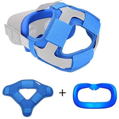 The Combo of VR Face Silicone Cover Mask Pad & Head Strap Pad Cushion Compatible for Oculus Quest Sweatproof Light Blocking (Washable) for Virtual Reality Headset (Blue)