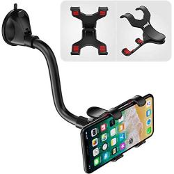 IPOW Upgraded No Glue Car Phone Mount Windshield with Strong Suction, Long Arm Cell Phone Holder for Car with X-Shaped Clamp Fits Thick/Irregular Phone Case