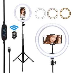 10 Selfie Ring Light with Tripod Stand & 2 Phone Holders, Pledulab Dimmable LED Makeup Camera Ringlight for Makeup/Photography/YouTube Videos/Vlog/TIK Tok/Live, Compatible with iPhone & Android