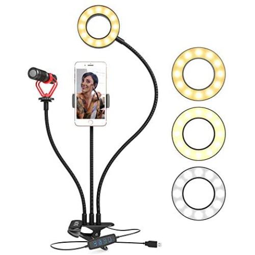 Movo Desk Ring Light with Stand and Phone Holder with VXR10 Video Microphone Compatible with iPhone, Android Smartphones - Smartphone Video Recording Kit Perfect for Vlogging and YouTube Equipment